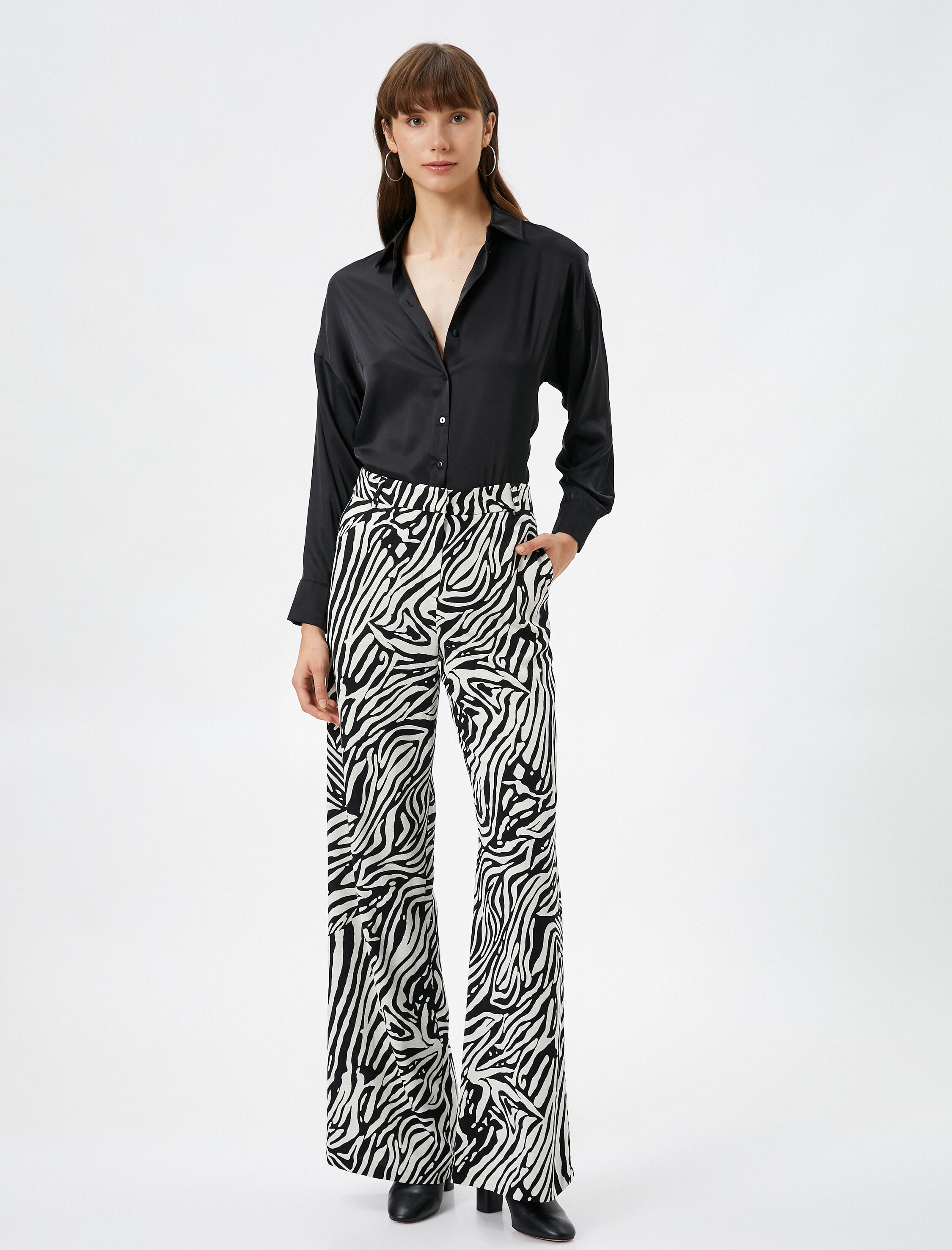   Bol Paça Pantolon Zebra Desenli Yüksek Bel Fermuarlı Viskon Karışımlı