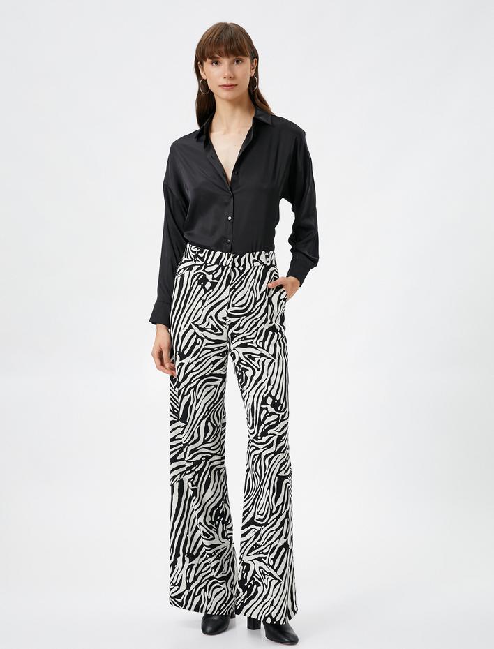  Bol Paça Pantolon Zebra Desenli Yüksek Bel Fermuarlı Viskon Karışımlı