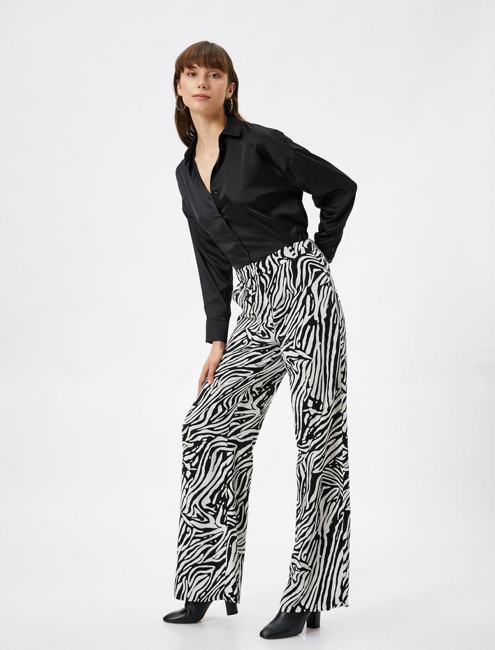  Bol Paça Pantolon Zebra Desenli Yüksek Bel Fermuarlı Viskon Karışımlı