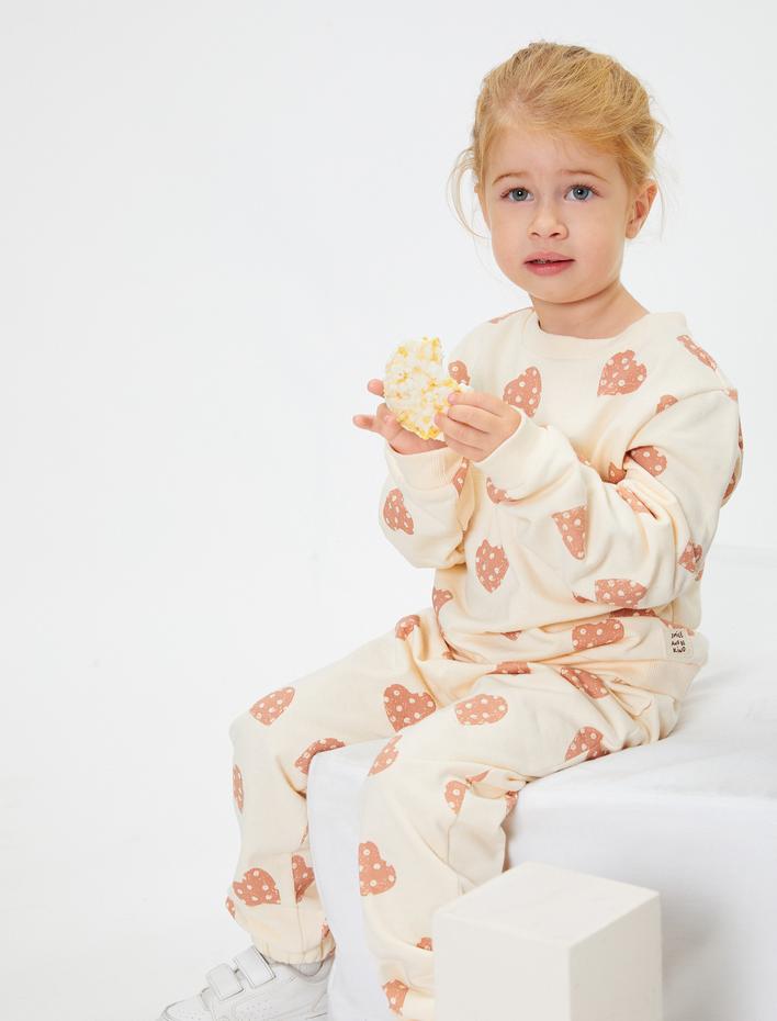 Kız Bebek Kalpli Sweatshirt Baskılı Şardonlu Bisiklet Yaka Pamuklu