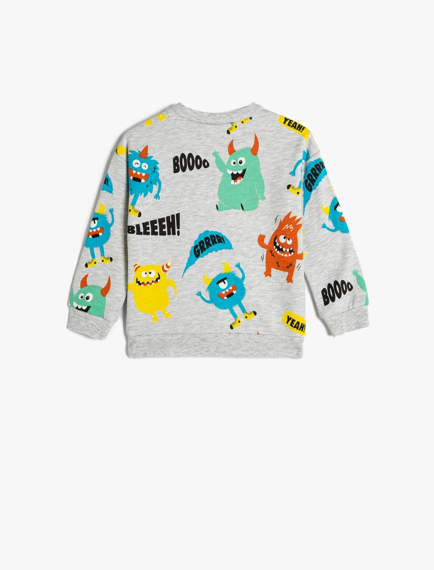  Erkek Bebek Sweatshirt Canavar Baskılı Şardonlu Bisiklet Yaka