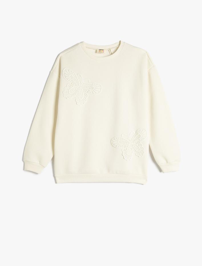 Kız Çocuk Kelebekli Sweatshirt Şardonlu Aplikeli Bisiklet Yaka