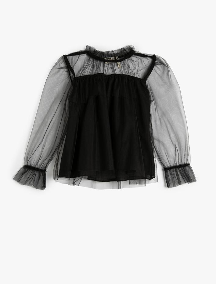 Kız Çocuk Tül Bluz Uzun Kollu Dik Yaka Fırfırlı Astarlı