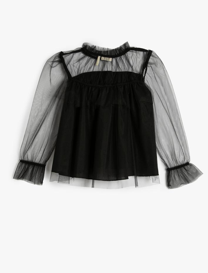 Kız Çocuk Tül Bluz Uzun Kollu Dik Yaka Fırfırlı Astarlı