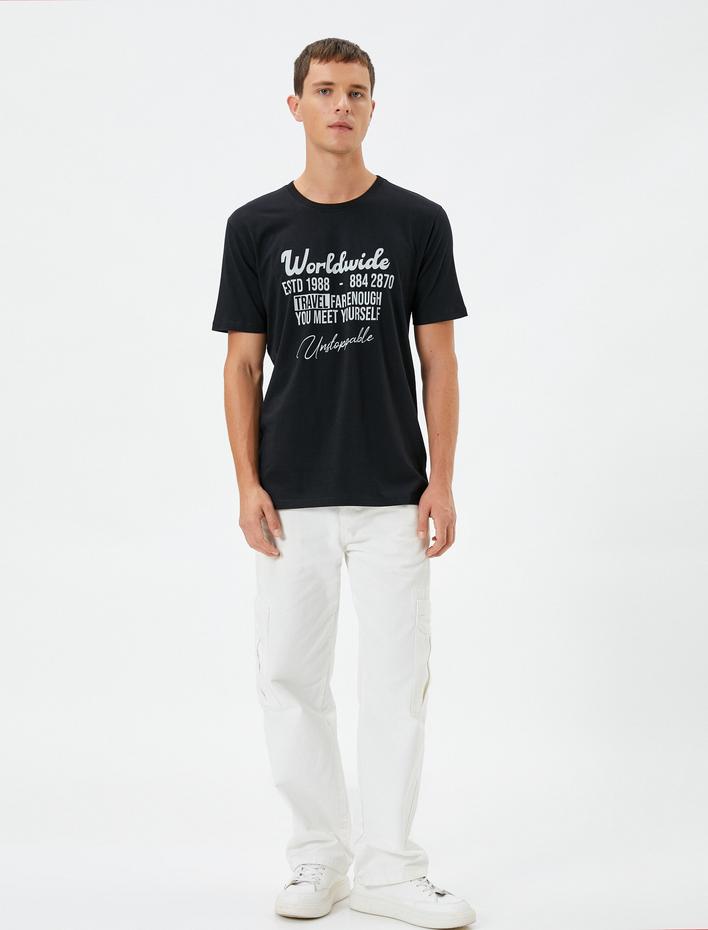  Slogan Baskılı Tişört Bisiklet Yaka Slim Fit Kısa Kollu