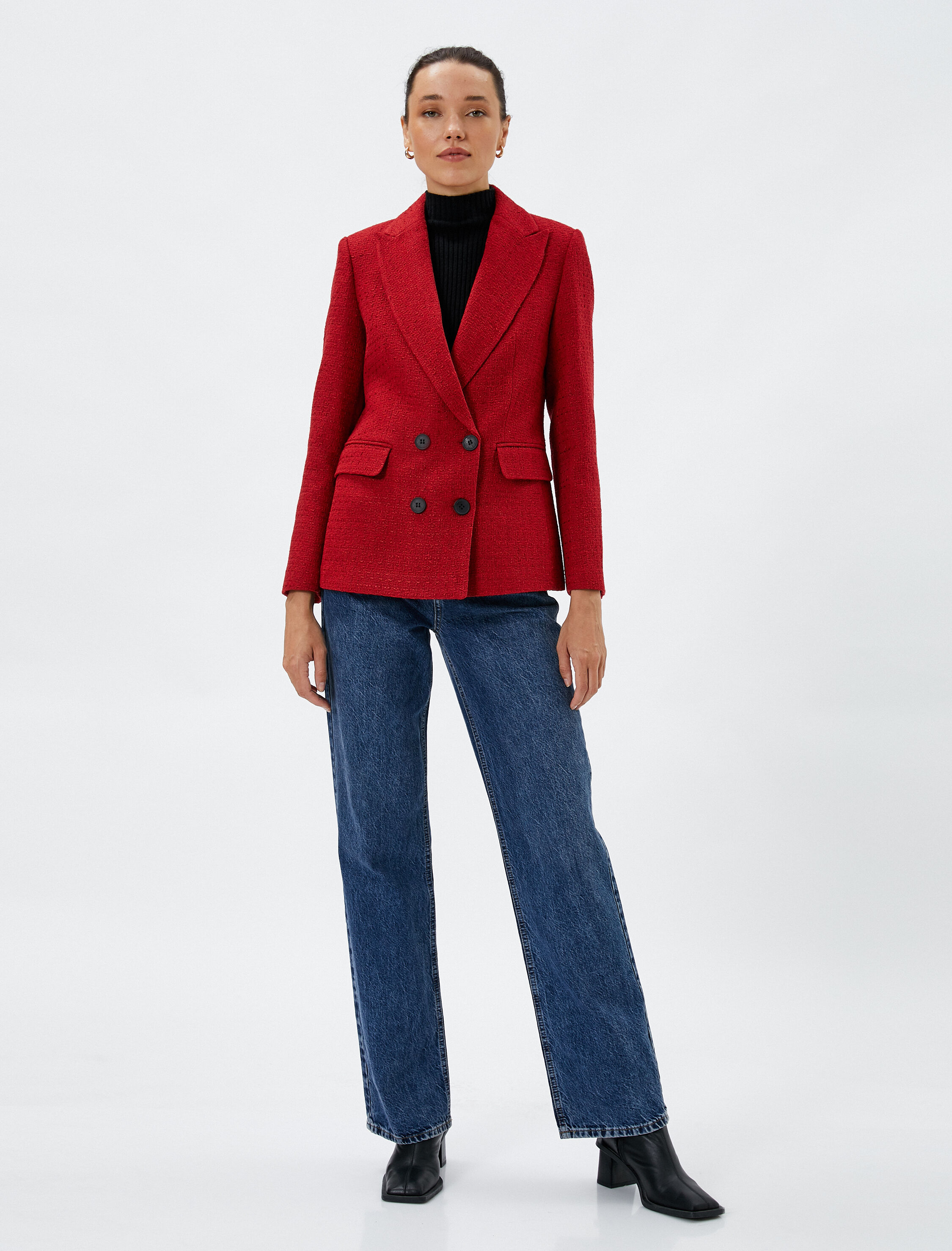   Tüvit Blazer Ceket Kruvaze Kapama Kapaklı Cepli Astarlı Vatkalı