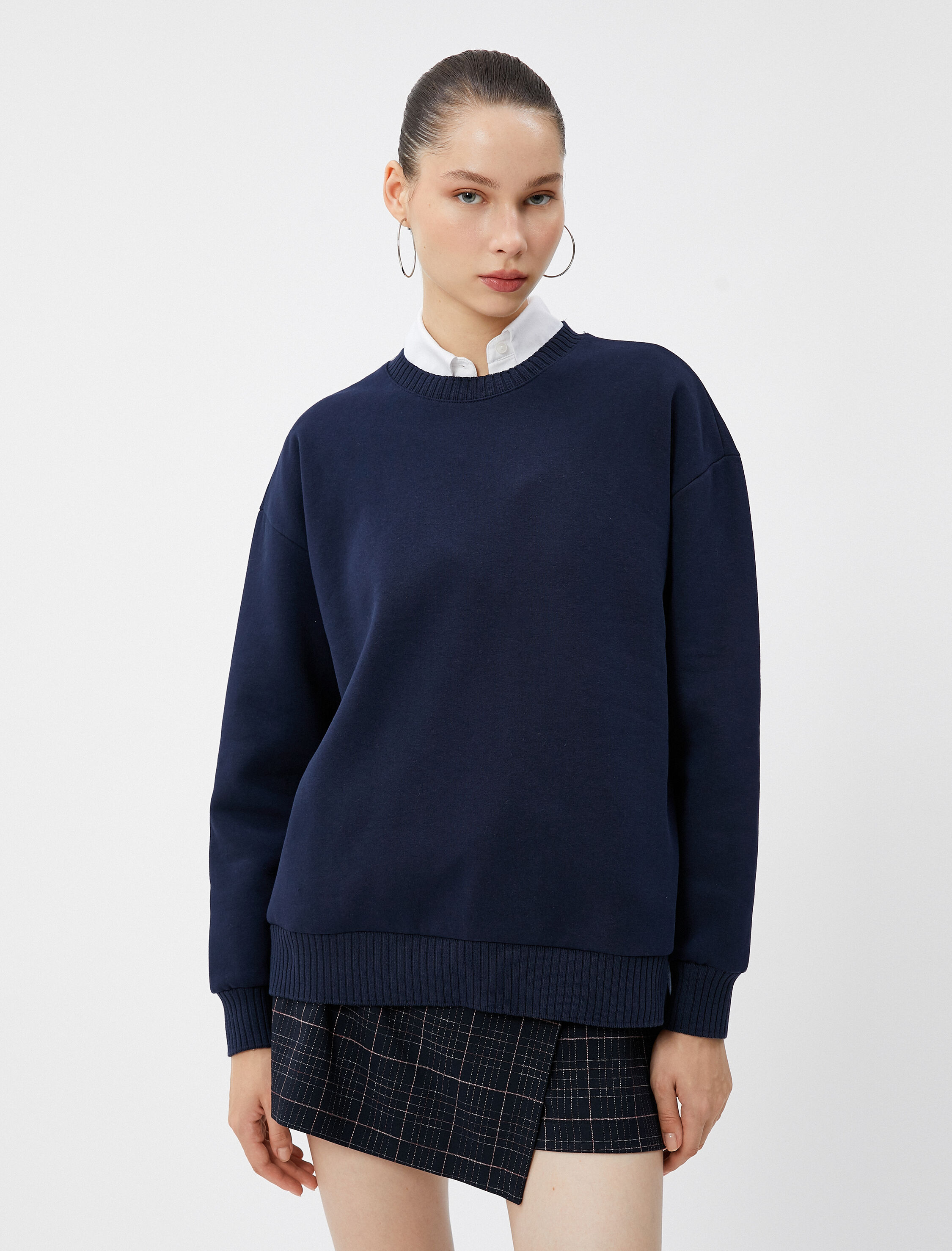   Şardonlu Basic Sweatshirt Bisiklet Yaka Uzun Kollu