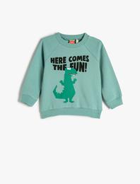 Dinozor Baskılı Sweatshirt Uzun Kollu Bisiklet Yaka Şardonlu Pamuklu