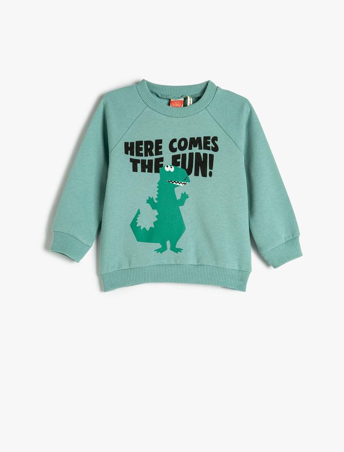 Erkek Bebek Dinozor Baskılı Sweatshirt Uzun Kollu Bisiklet Yaka Şardonlu Pamuklu