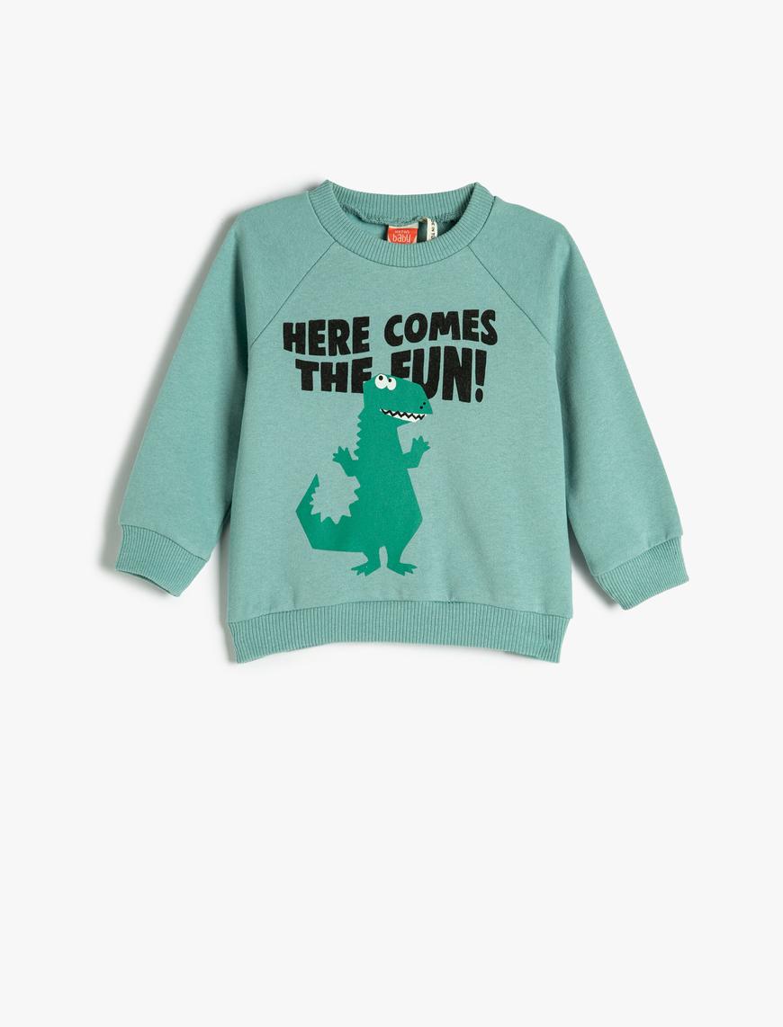  Erkek Bebek Dinozor Baskılı Sweatshirt Uzun Kollu Bisiklet Yaka Şardonlu Pamuklu