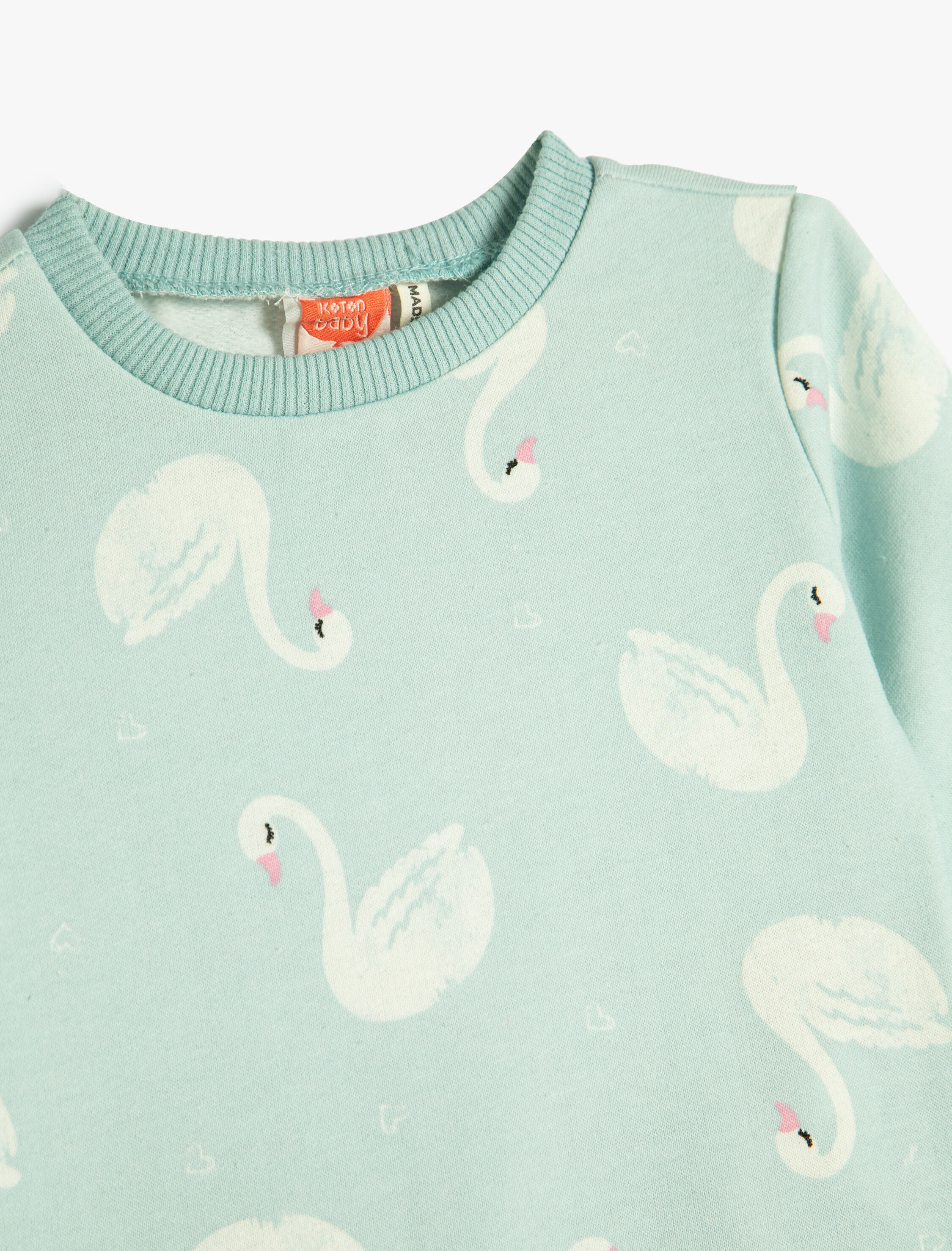  Kız Bebek Kuğu Baskılı Sweatshirt Uzun Kollu Bisiklet Yaka Pamuklu Şardonlu