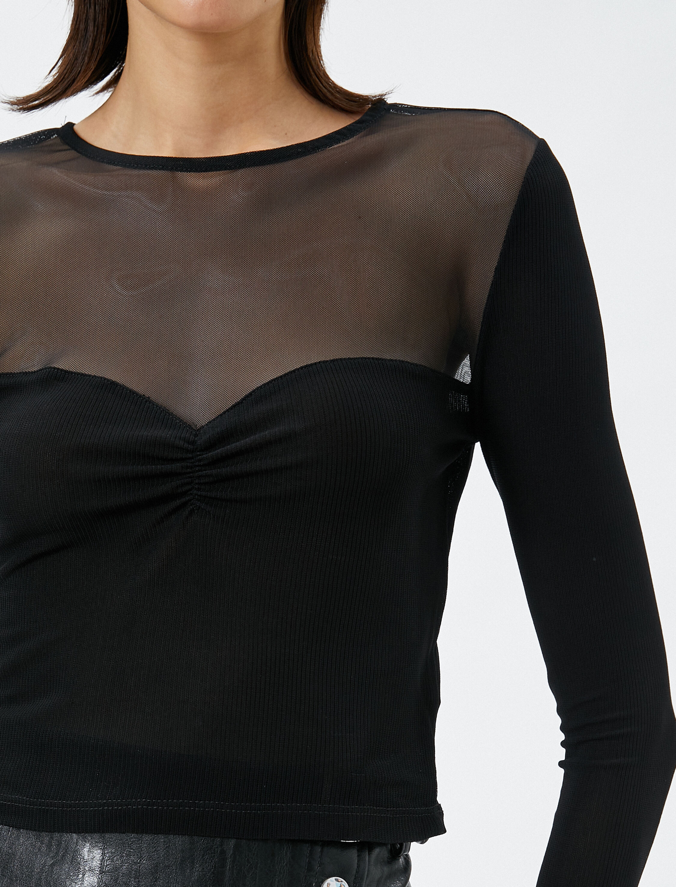   Uzun Kollu Tişört Crop Tül Detaylı Bisiklet Yaka Viskon