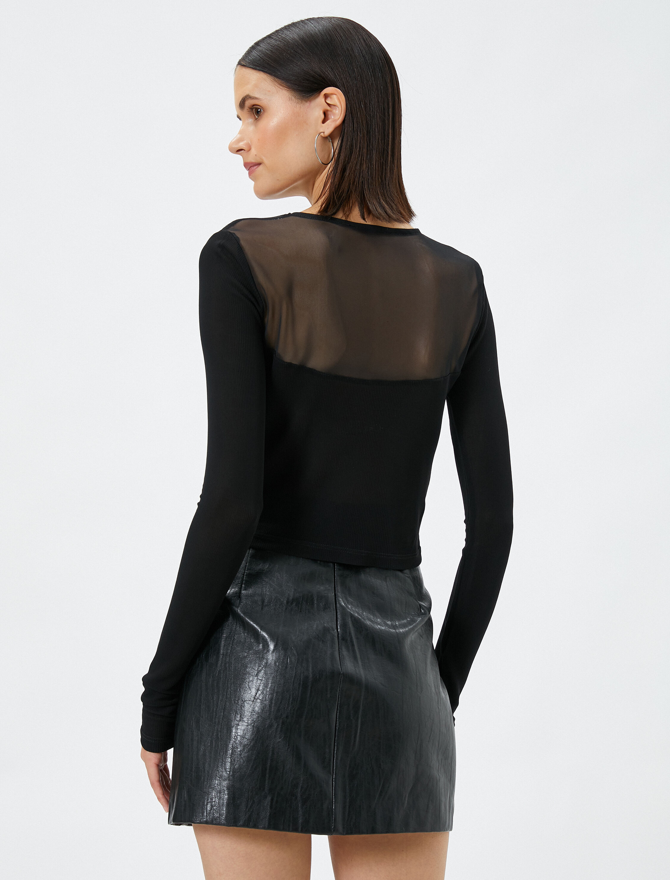   Uzun Kollu Tişört Crop Tül Detaylı Bisiklet Yaka Viskon