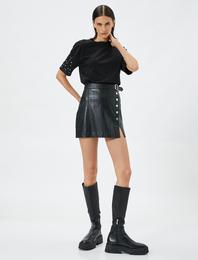 Kısa Kollu Tişört Taş İşlemeli Bisiklet Yaka Rahat Kesim Pamuklu