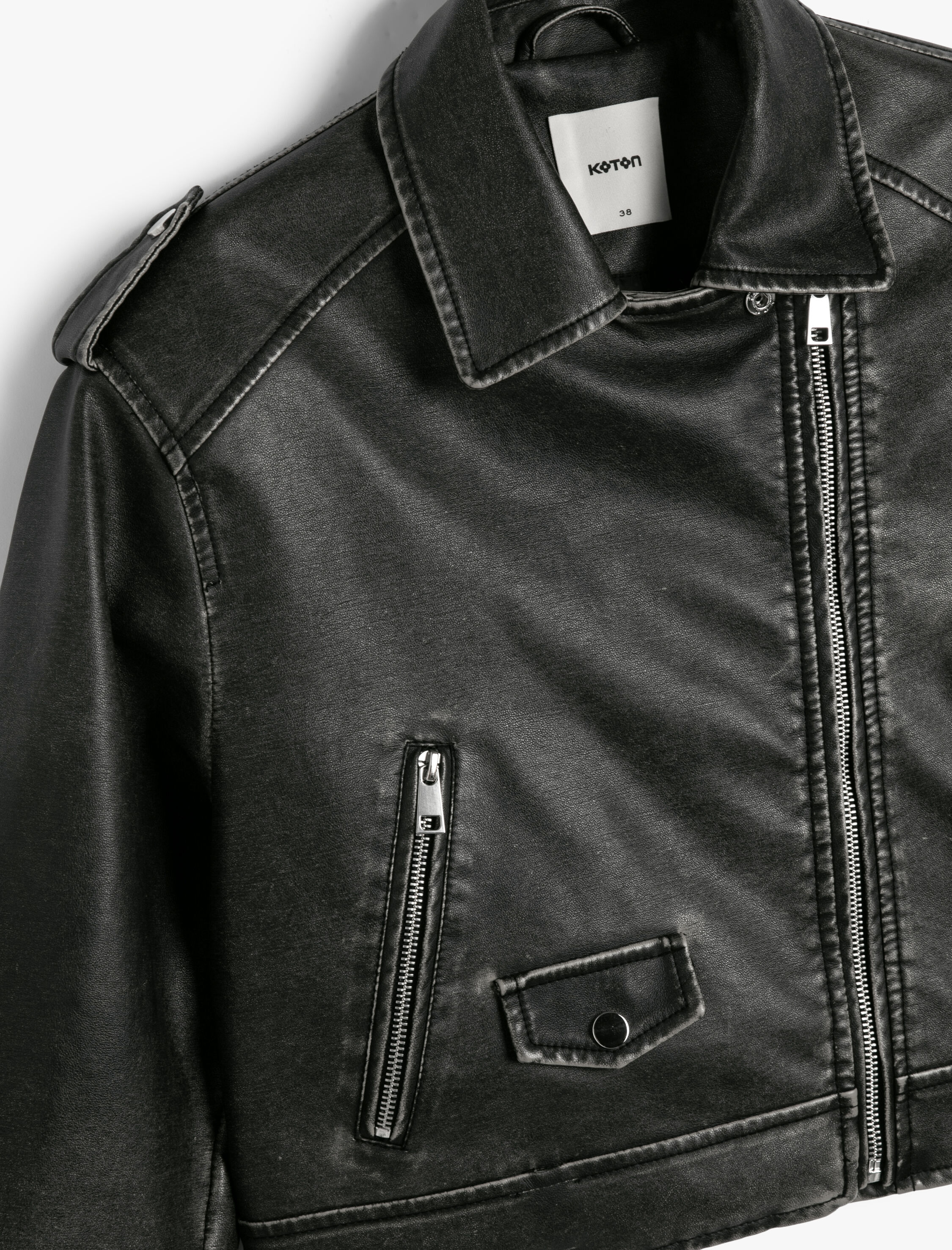   Crop Suni Deri Ceket Fermuarlı Kruvaze Cepli