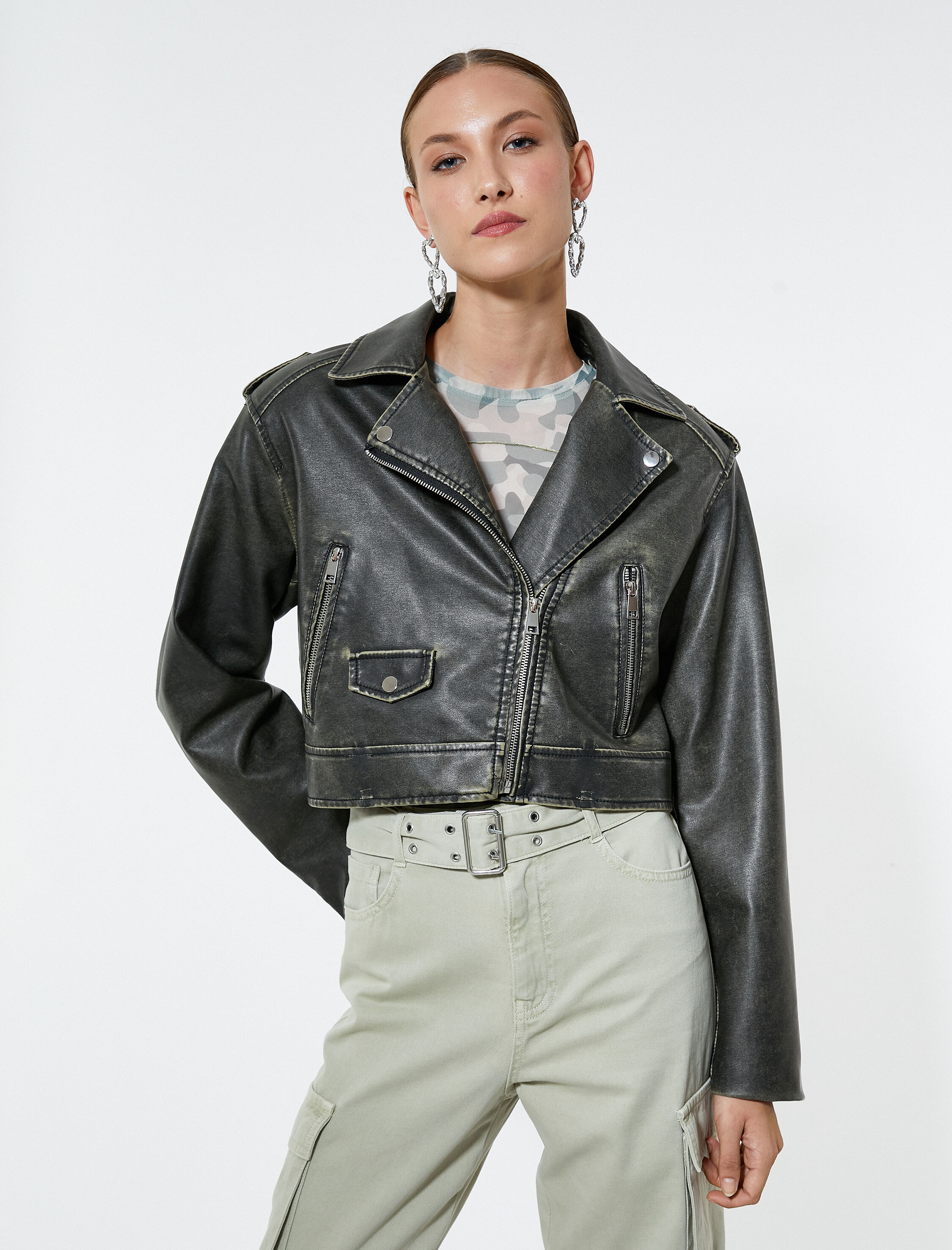   Crop Suni Deri Ceket Fermuarlı Kruvaze Cepli