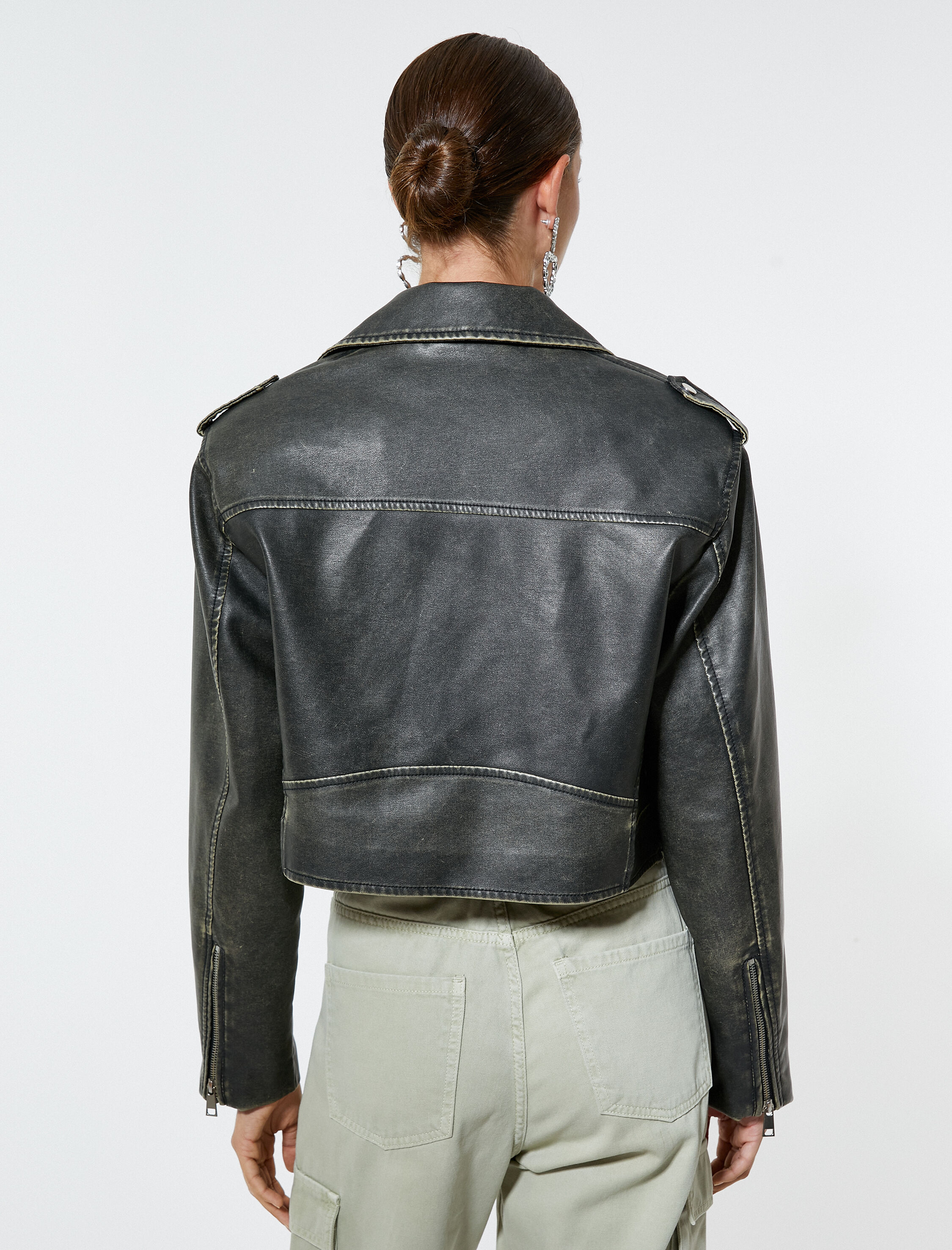   Crop Suni Deri Ceket Fermuarlı Kruvaze Cepli