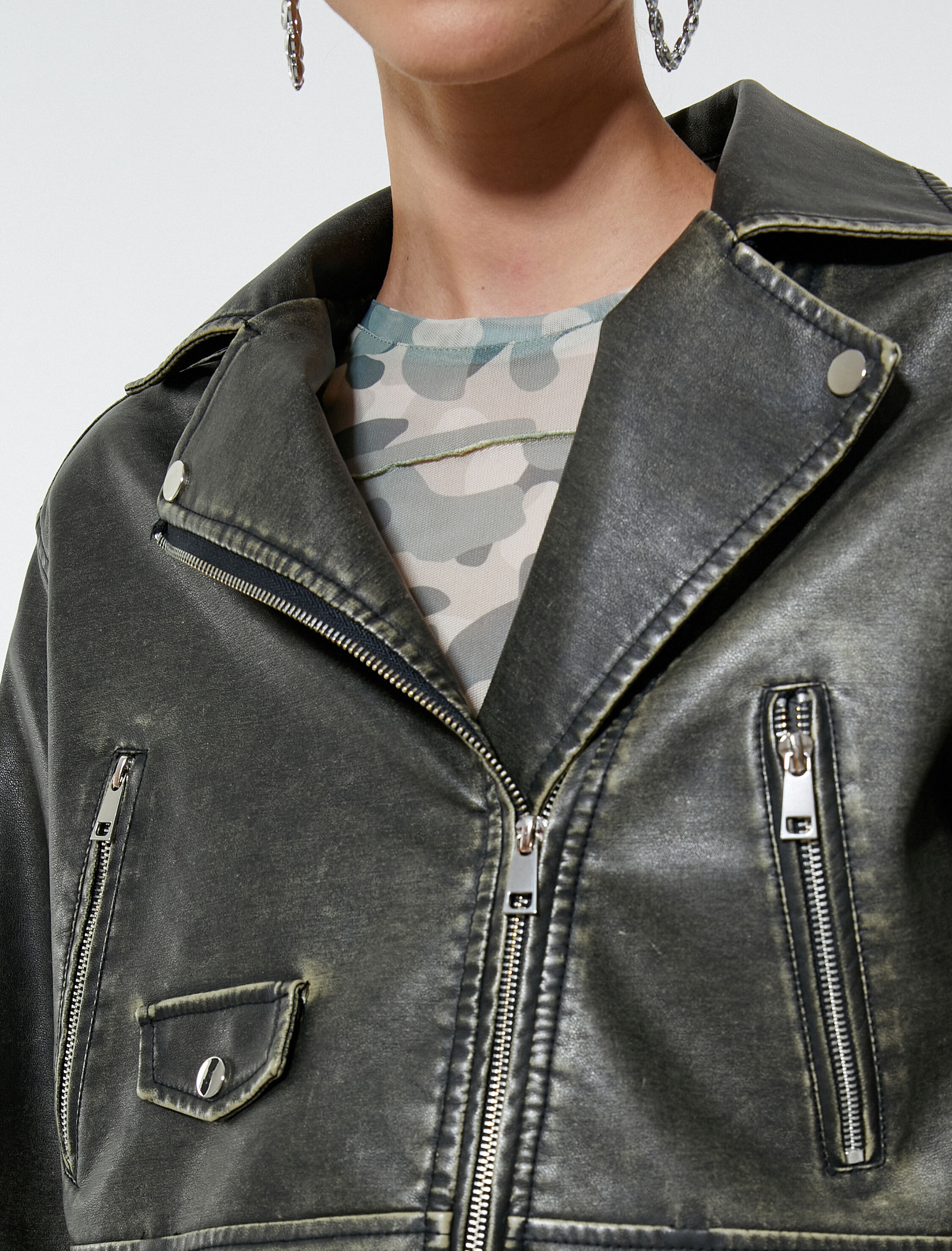   Crop Suni Deri Ceket Fermuarlı Kruvaze Cepli