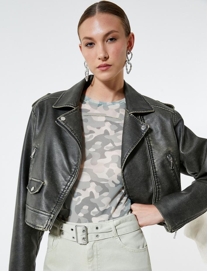  Crop Suni Deri Ceket Fermuarlı Kruvaze Cepli