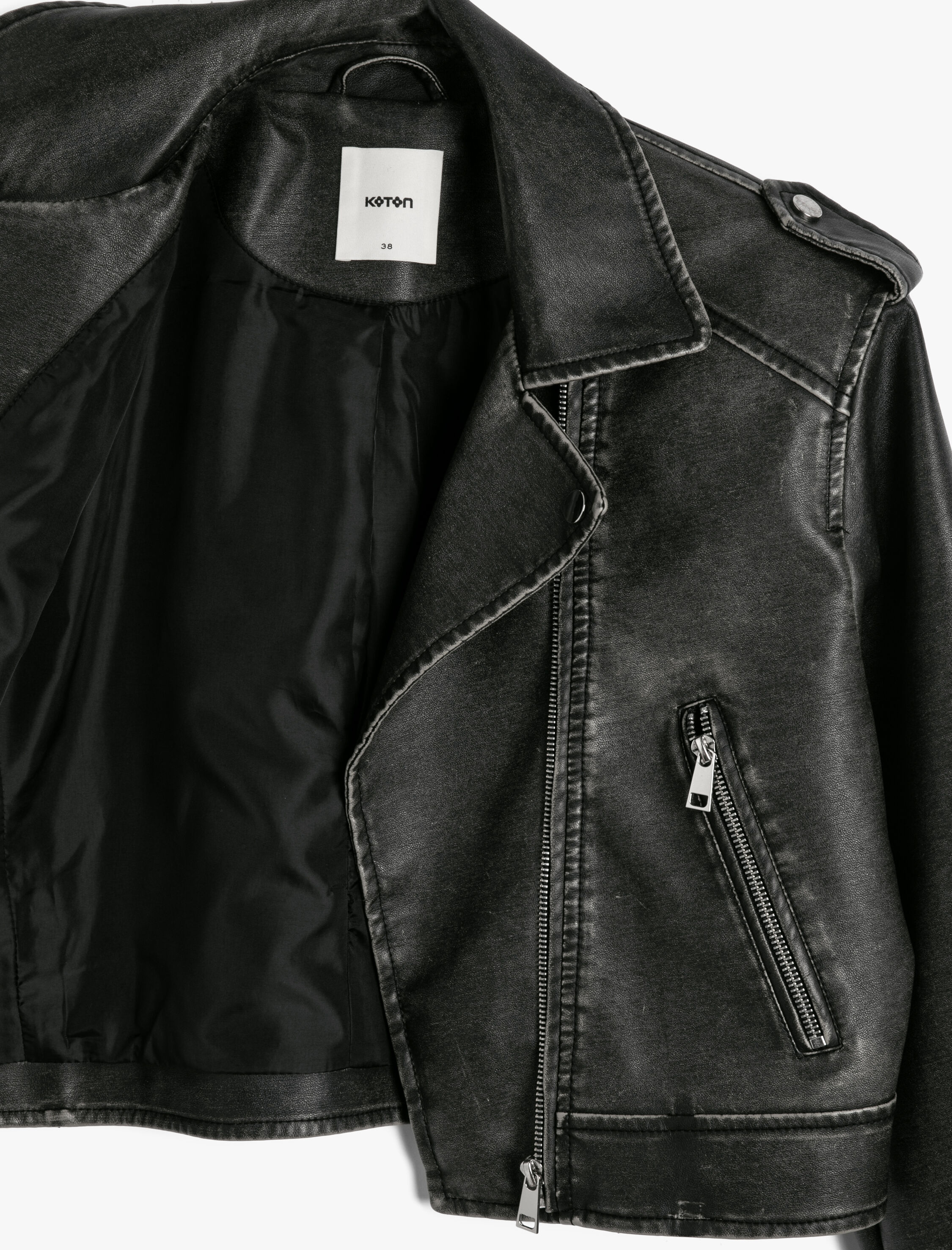   Crop Suni Deri Ceket Fermuarlı Kruvaze Cepli