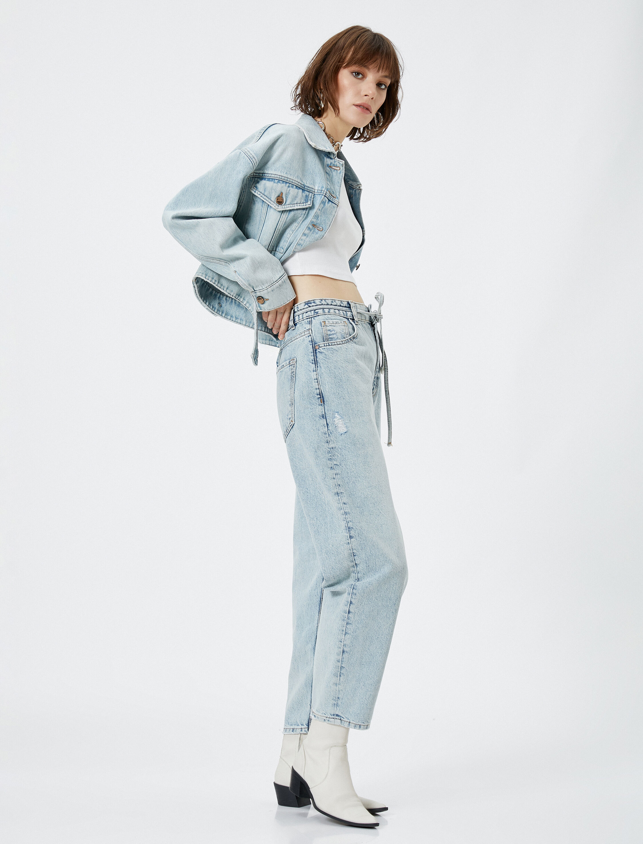   Kot Pantolon Balon Fit Kısa Paça Cepli Pamuklu Rahat Kesim - Balloon Fit Jean