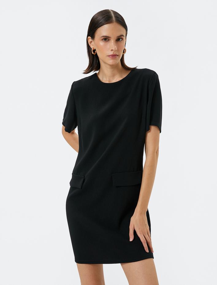  Mini Elbise Kısa Kollu Cep Detaylı Bisiklet Yaka