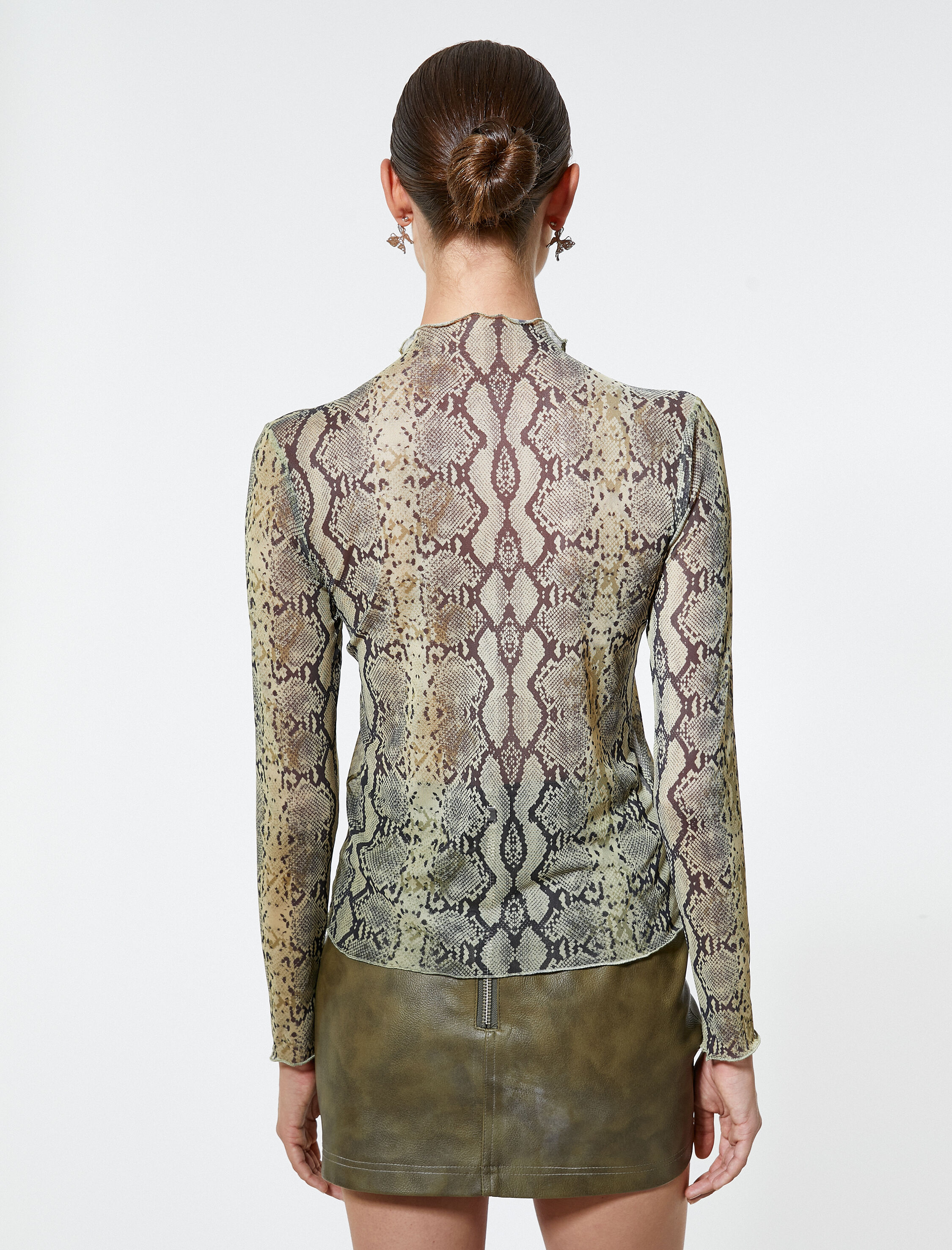   Yılan Derisi Görünümlü Tişört Dik Yaka Uzun Kollu