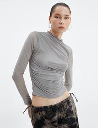 Tül Bluz Astarlı Uzun Kollu Büzgülü Dik Yaka