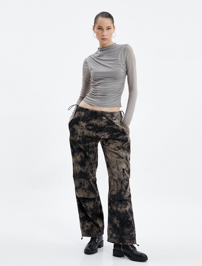  Tül Bluz Astarlı Uzun Kollu Büzgülü Dik Yaka