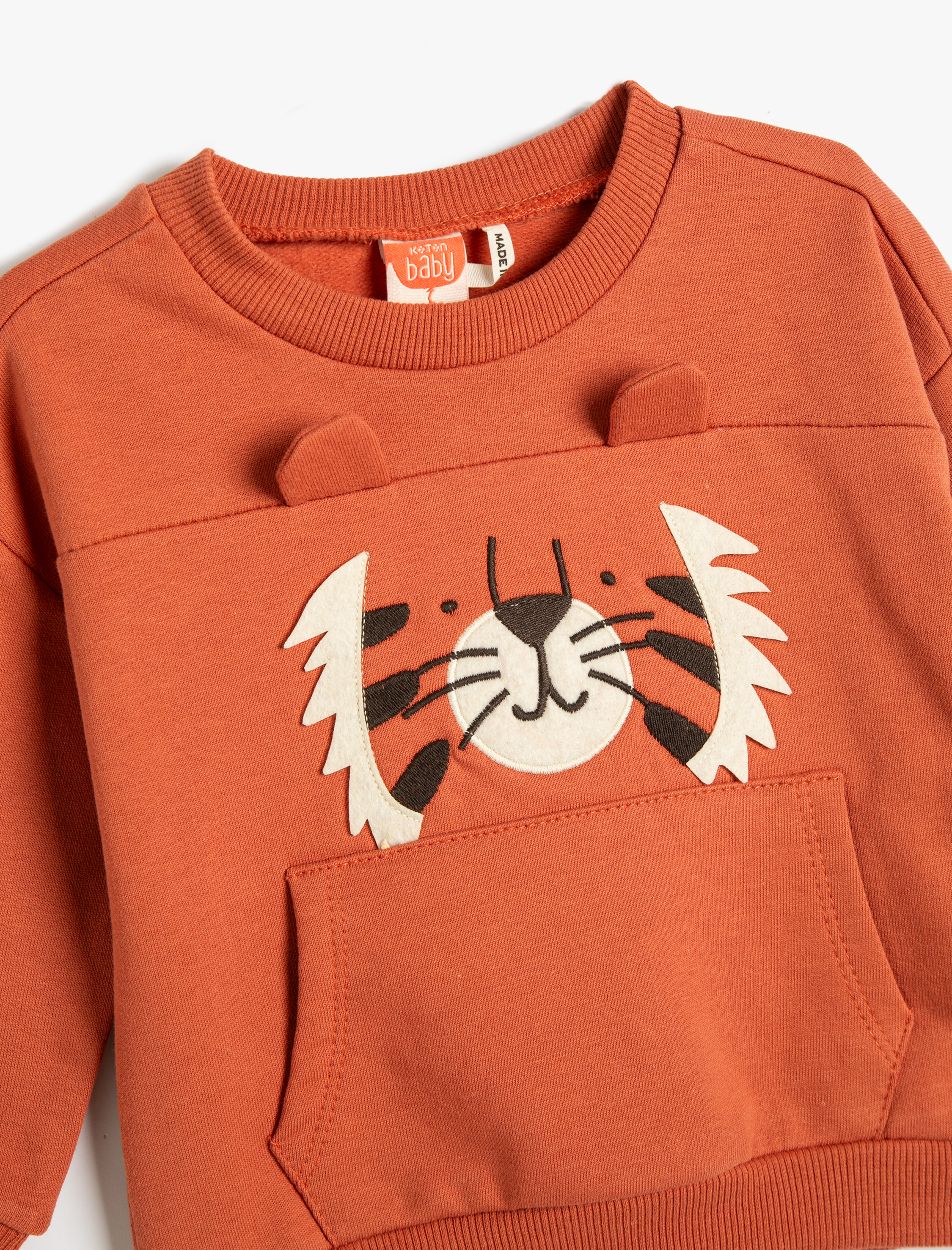 Erkek Bebek Sweatshirt Aslan Baskılı Kanguru Cepli Kulak Aplikeli Uzun Kollu Bisiklet Yaka Şardonlu Pamuklu