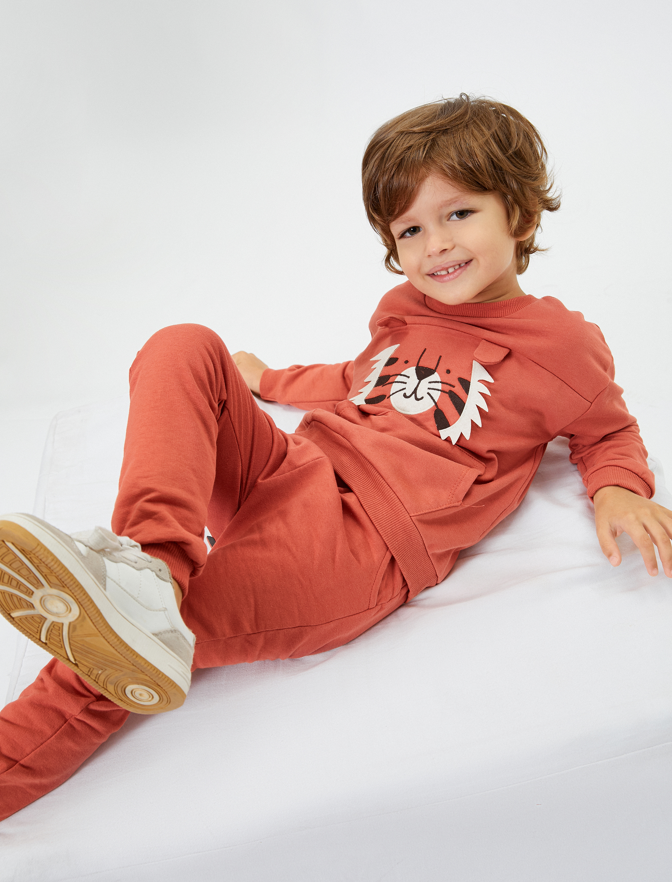 Erkek Bebek Sweatshirt Aslan Baskılı Kanguru Cepli Kulak Aplikeli Uzun Kollu Bisiklet Yaka Şardonlu Pamuklu