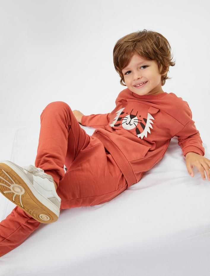 Erkek Bebek Sweatshirt Aslan Baskılı Kanguru Cepli Kulak Aplikeli Uzun Kollu Bisiklet Yaka Şardonlu Pamuklu