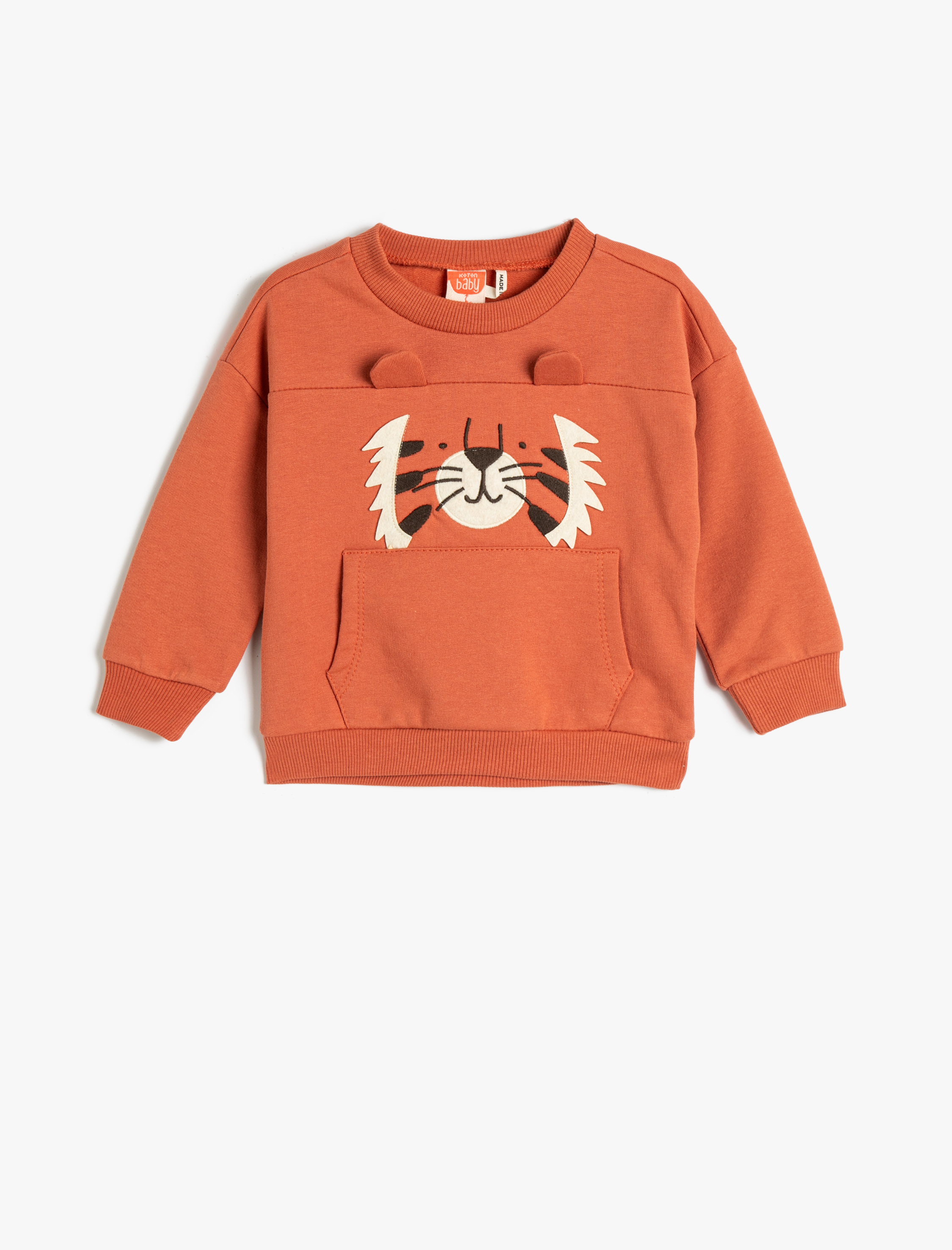 Erkek Bebek Sweatshirt Aslan Baskılı Kanguru Cepli Kulak Aplikeli Uzun Kollu Bisiklet Yaka Şardonlu Pamuklu