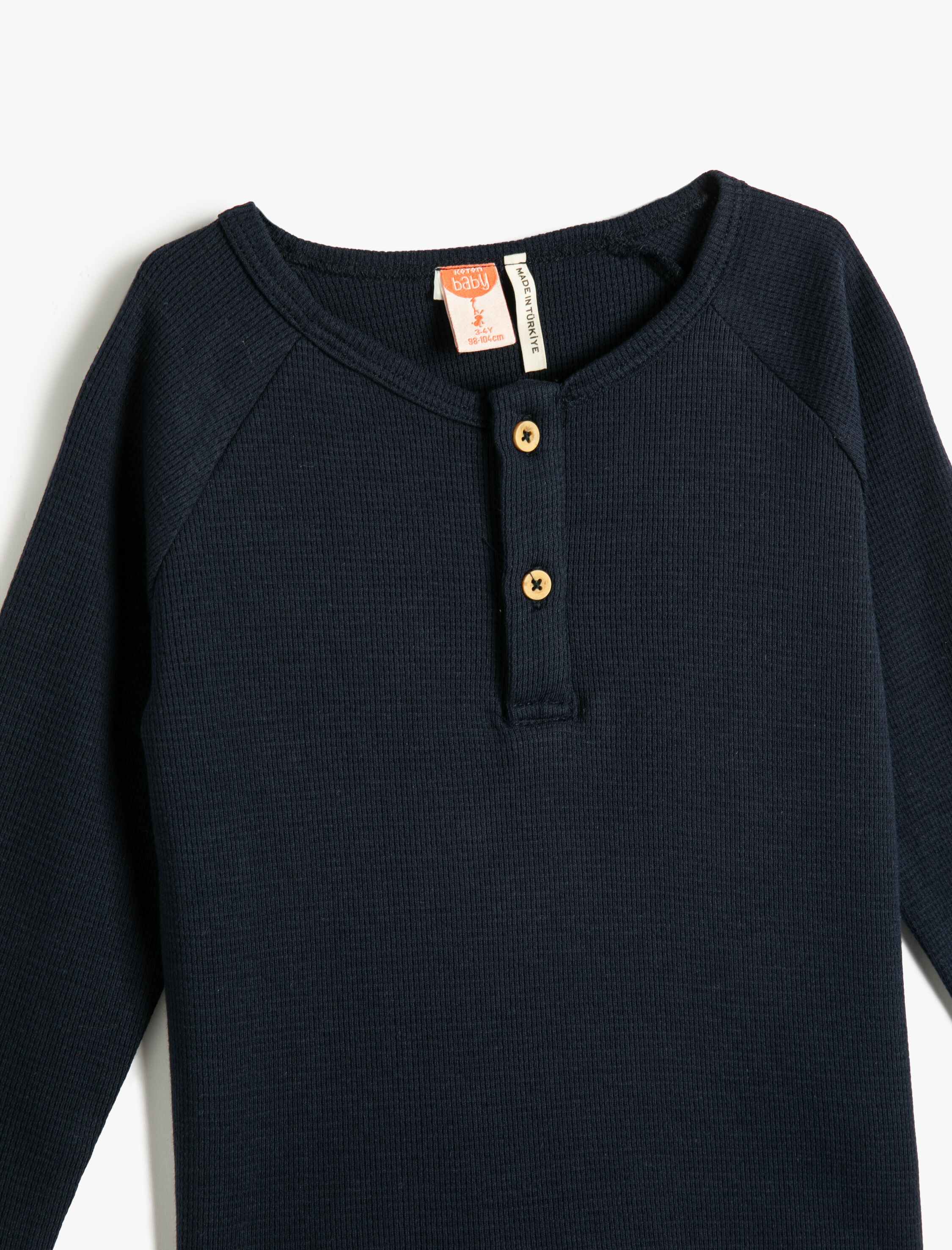  Erkek Bebek Tişört Uzun Kollu Bisiklet Yaka Dokulu Düğme Detaylı Pamuklu