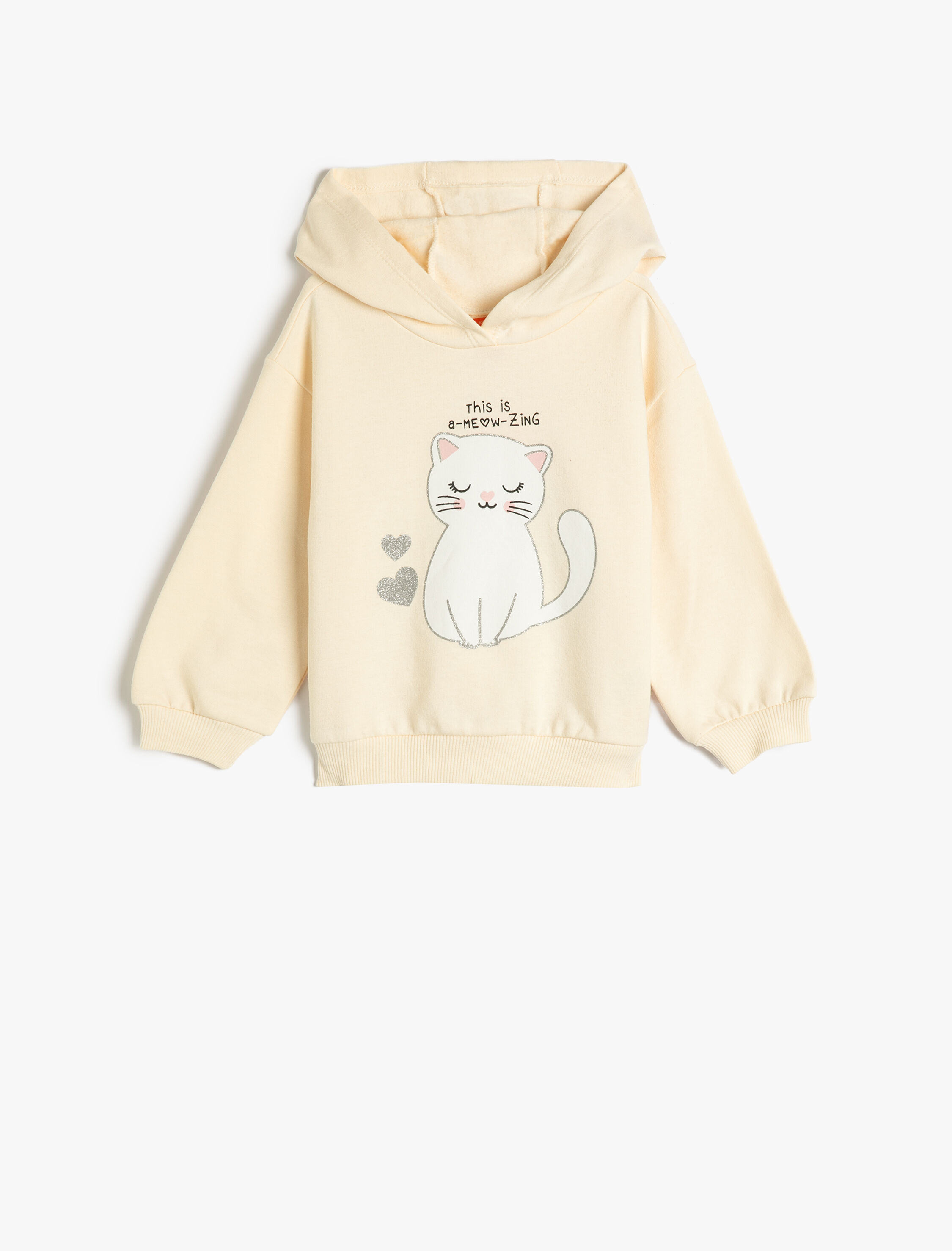  Kız Bebek Kapşonlu Sweatshirt Kedi Baskılı Uzun Kollu Şardonlu Pamuklu