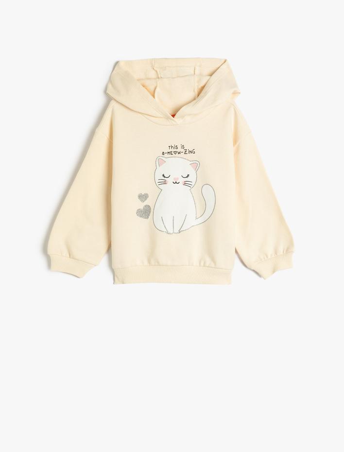 Kız Bebek Kapşonlu Sweatshirt Kedi Baskılı Uzun Kollu Şardonlu Pamuklu