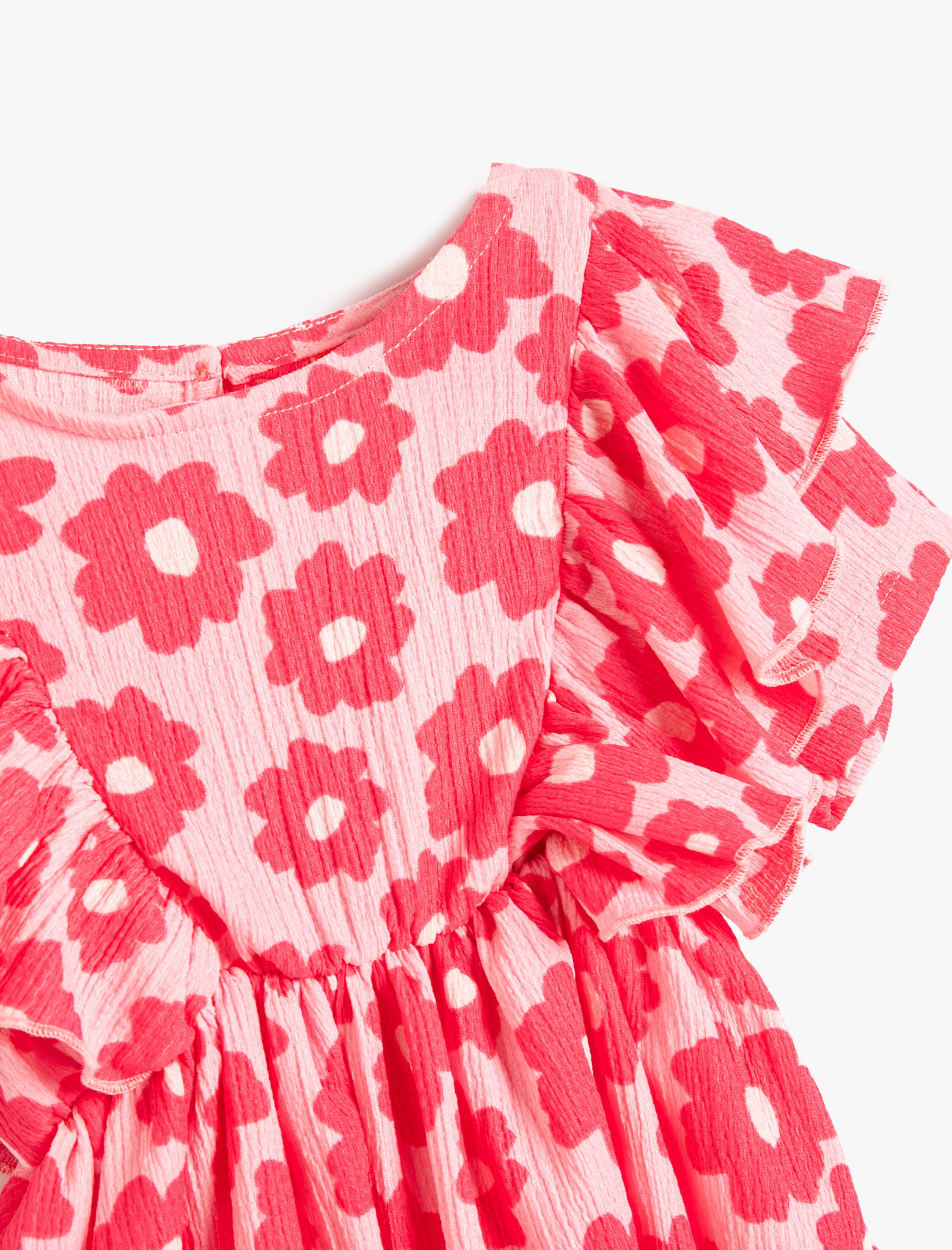  Kız Bebek Çiçekli Elbise Fırfır Kollu Dokulu Yuvarlak Yaka