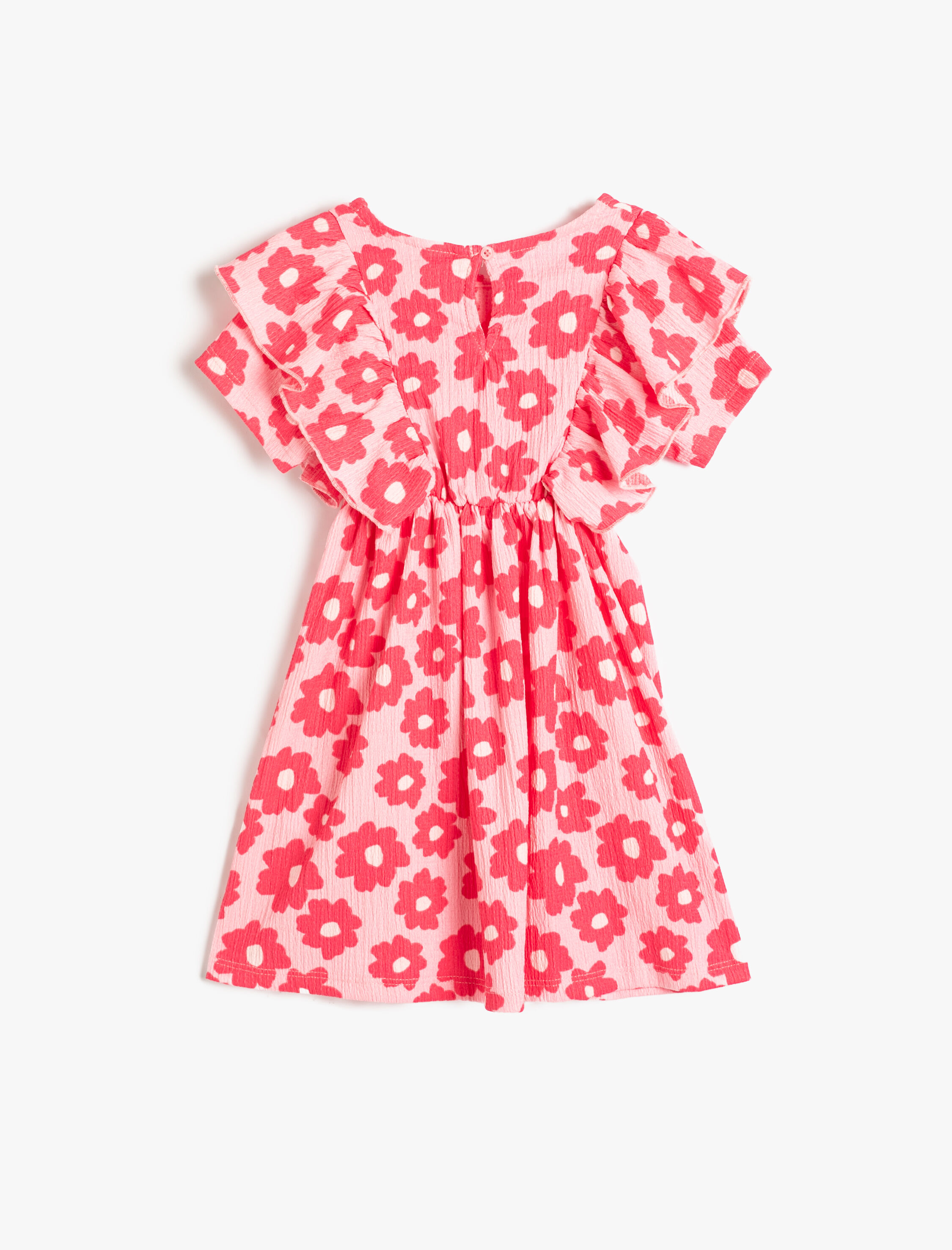  Kız Bebek Çiçekli Elbise Fırfır Kollu Dokulu Yuvarlak Yaka