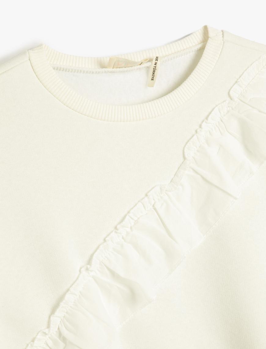  Kız Çocuk Sweatshirt Uzun Kollu Fırfır Detaylı Bisiklet Yaka Şardonlu