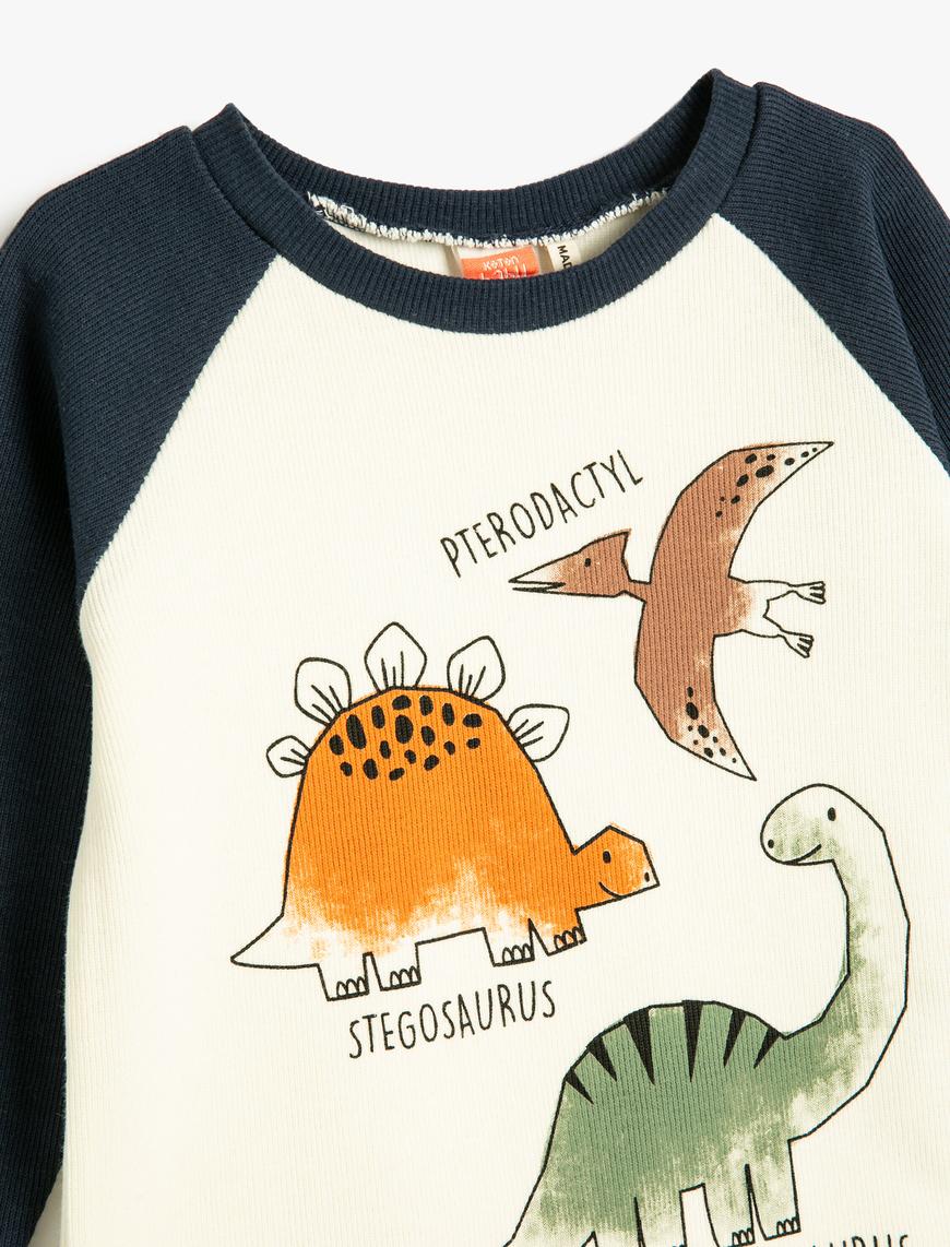  Erkek Bebek Dinozorlu Sweatshirt Bisiklet Yaka Uzun Kollu Pamuklu
