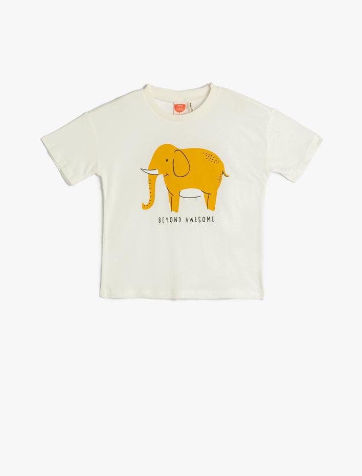 Erkek Bebek Tişört Kısa Kollu Fil Baskılı Bisiklet Yaka Pamuklu