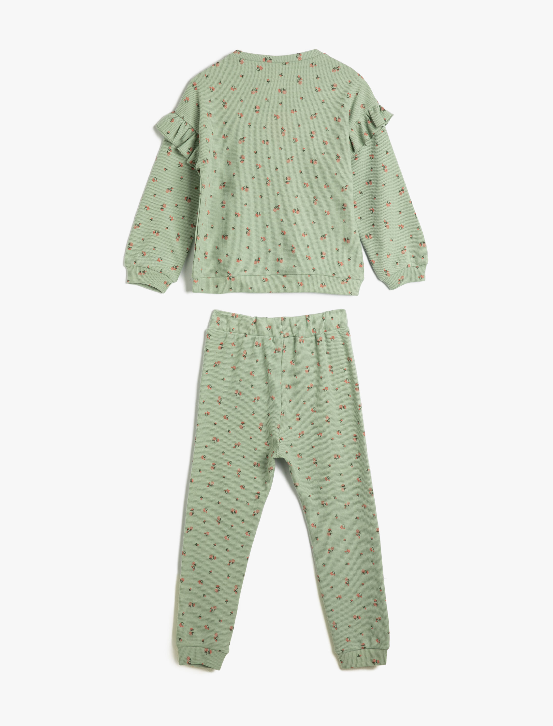  Kız Bebek Eşofman Takımı 2'li Fırfır Detaylı Dokulu Pamuklu