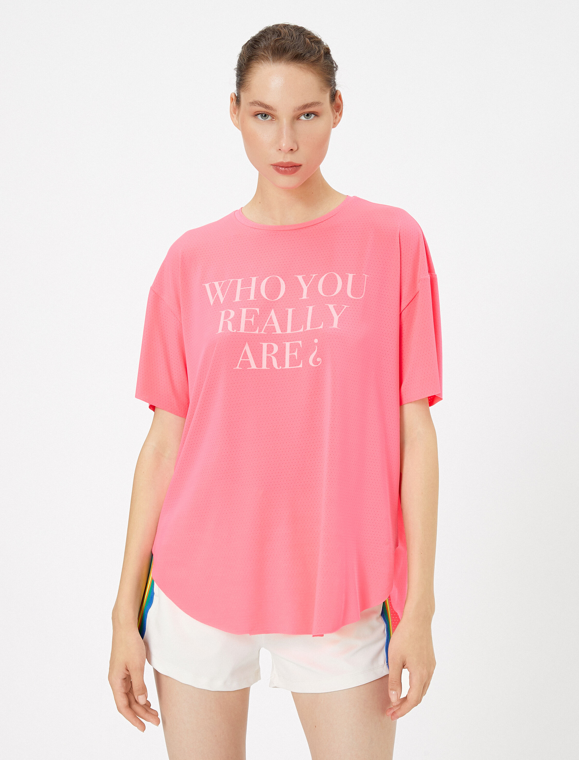   Oversize Spor Tişört Slogan Baskılı Bisiklet Yaka Kısa Kollu