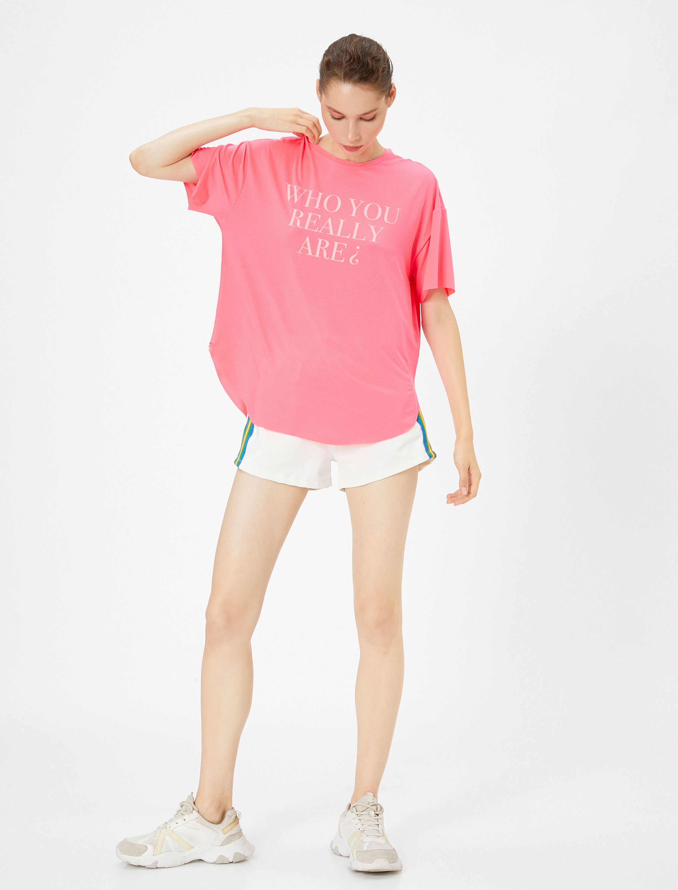   Oversize Spor Tişört Slogan Baskılı Bisiklet Yaka Kısa Kollu