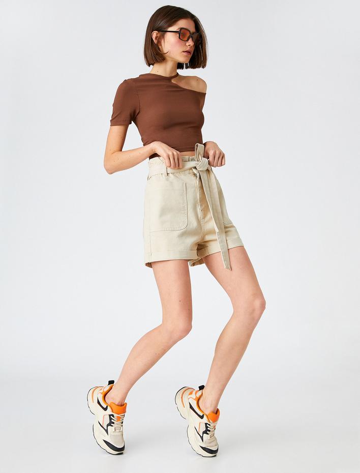 Yüksek Bel Şort Kemerli Cepli Pamuklu