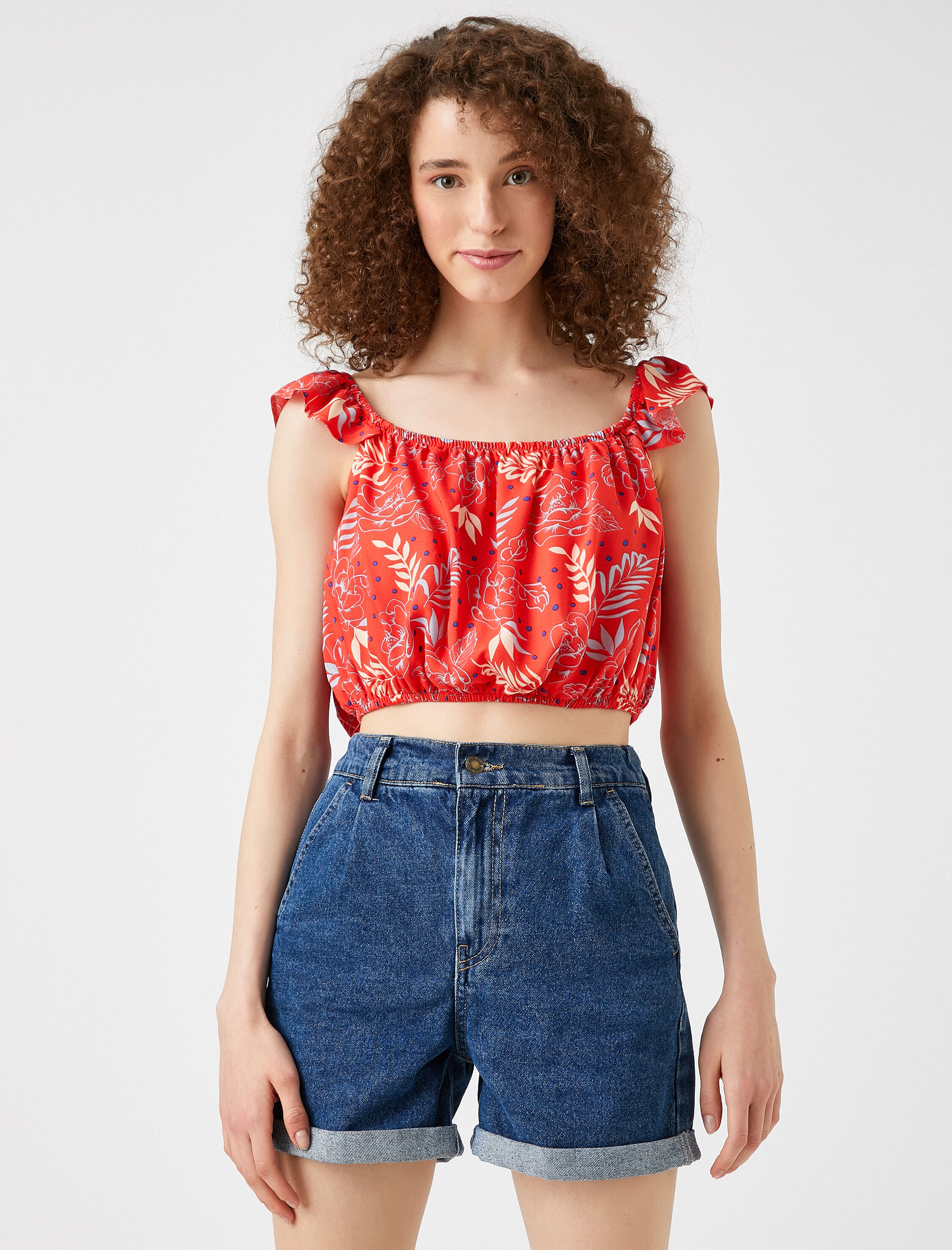   Crop Bluz Desenli Askılı