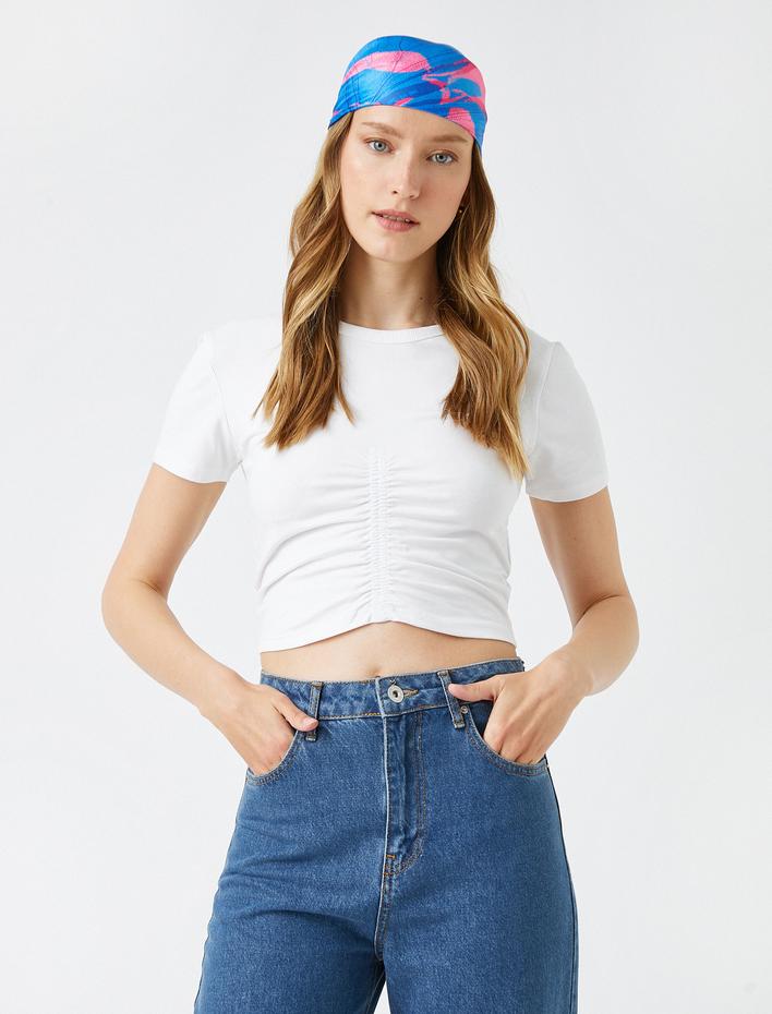  Crop Bisiklet Yaka Büzgü Detaylı Kısa Kollu Tişört Pamuklu
