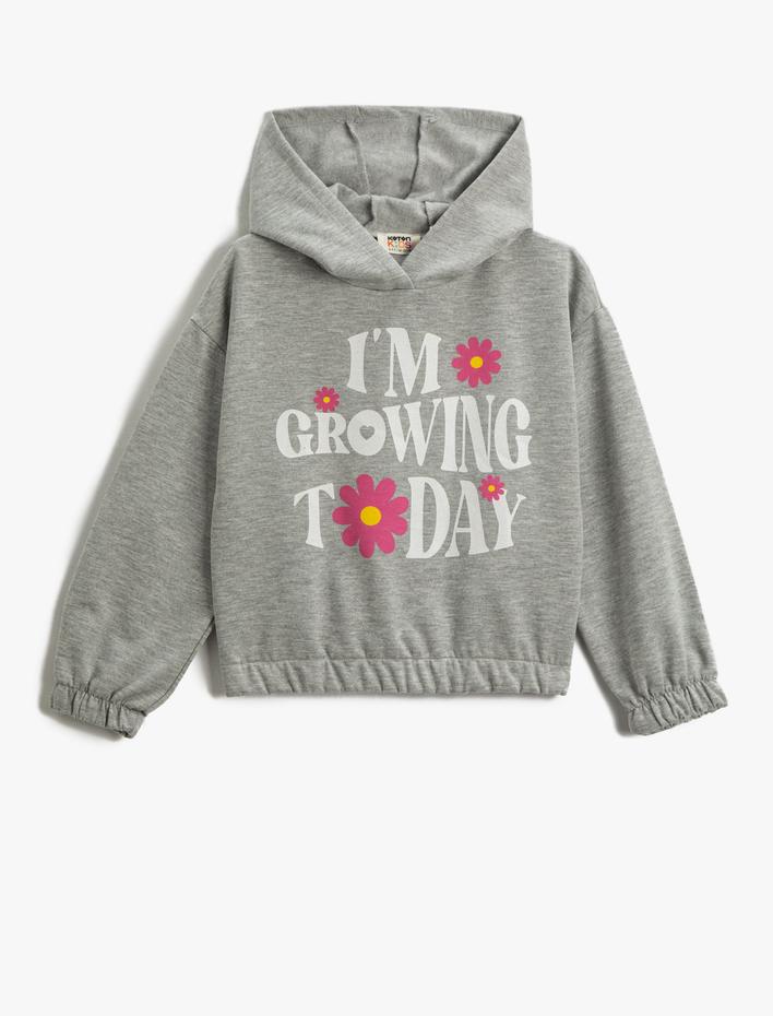 Kız Çocuk Kapüşonlu Crop Sweatshirt Baskılı Pamuklu