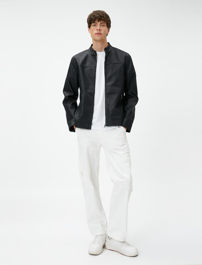  Deri Görünümlü Ceket Yuvarlak Yaka Cepli Fermuarlı