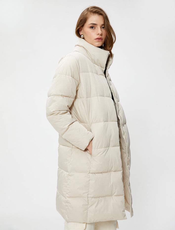  Uzun Şişme Mont Dik Yaka Cepleri Fermuarlı